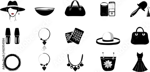 A collection of fashion and beauty items including accessories and apparel in black and white style | editable eps vectors silhouette