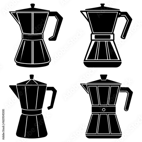 Four moka pots in black and white showing different designs of the classic italian coffee maker style