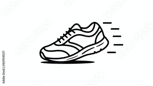 A simple black and white line drawing of a running shoe in motion. 