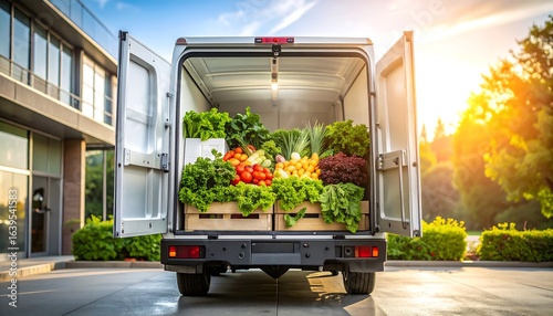 Fresh Produce Delivery Truck with Open Doors at Sunset