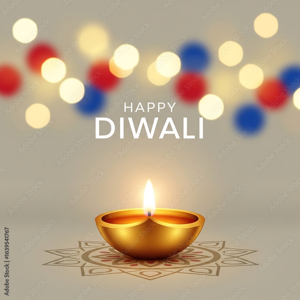 Golden diya illuminated with festive bokeh lights for happy diwali Golden diya illuminated with festive bokeh lights for happy diwali