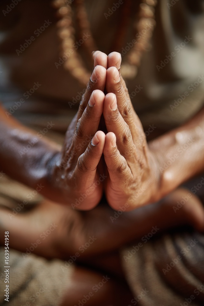 Fototapeta premium Close-up of hands in prayer position, sitting cross-legged, wearing beaded necklace.