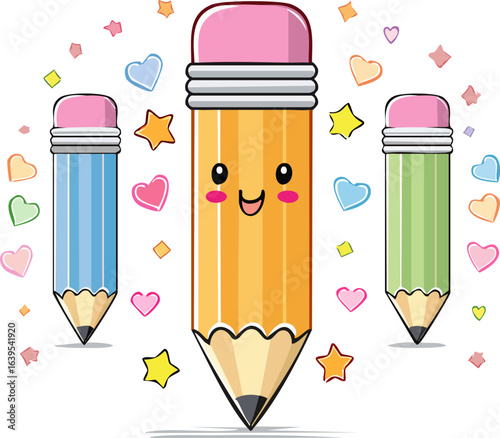 Cute colorful pencils with happy faces. Playful, smiling pencils in vibrant colors. Kawaii pencil with fun, cute design. Adorable pencil with joyful expression. Colorful pencil with cute cartoon faces