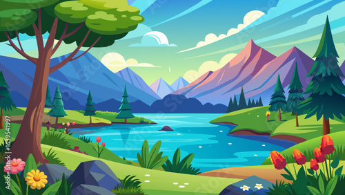 Vector art of idyllic cartoon vista of a serene lake surrounded by lush green hills and distant purple mountains, under a soft blue sky