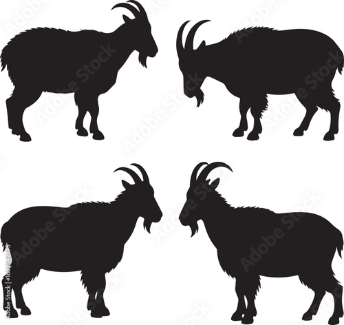 Four Black Silhouettes Of Goats Standing On White Background animal farm