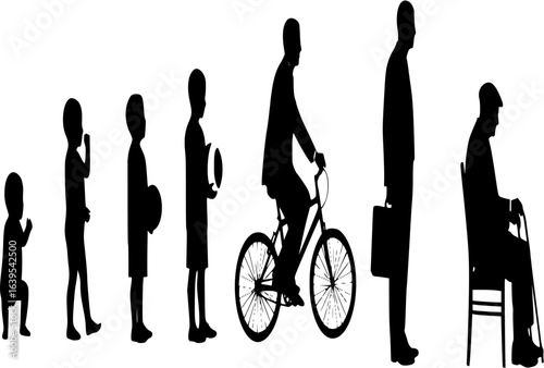 Man Lifecycle from birth to old age in silhouettes. Short story of human in different life ages - figure set.
