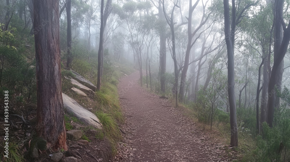 Fototapeta premium Serene Misty Pathway Through Lush Green Forest Surrounded by Tall Trees on a Foggy Morning in Nature