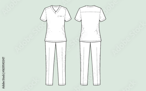 A technical product design illustration of a medical scrubs set in white outline against a light gray background.
