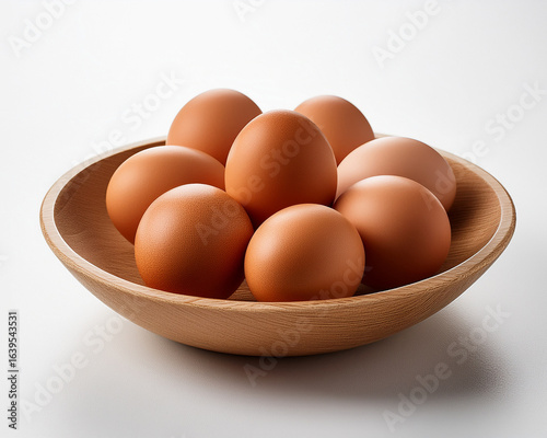 Organic brown chicken eggs in a white bowl, isolated on a white background