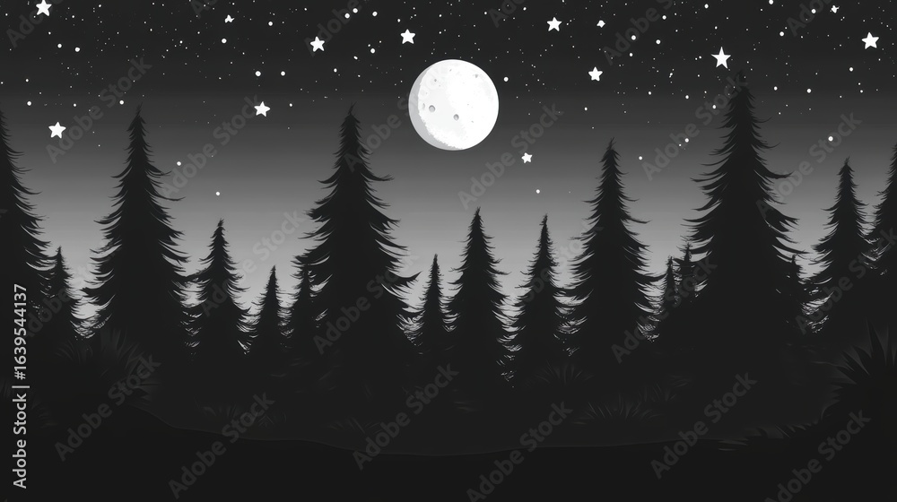Fototapeta premium Black and White Night Sky with Moon and Pine Trees in Silhouette Form Against Starry Sky Background for Atmospheric Nature Illustration