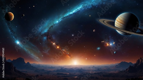 Wide shot of a vibrant nebula and planets, including Saturn, rising over a desolate alien landscape at sunrise, showcasing a cosmic and dramatic scene with warm, orange