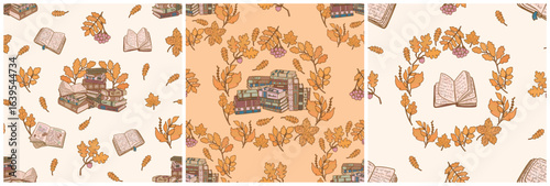 Romantic literature boho folk pattern set. Books and yellow autumn leaves three patterns. School library illustration graphic for design