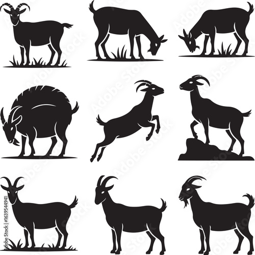 Collection of black goat silhouettes in various poses on white background animal farm