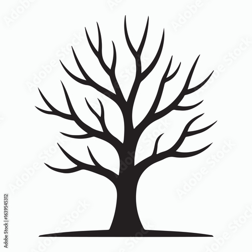 black silhouette of a leafless tree against a white background.
