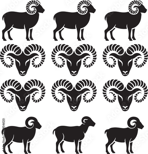 Set of black ram heads and silhouettes on white background sheep male