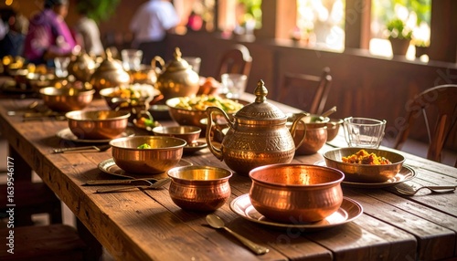 Copper Dishware On Wooden Table