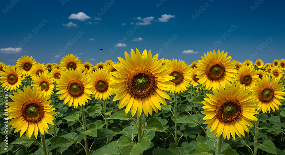 Fototapeta premium Expansive field of tall organic sunflowers facing the sun, bright yellow petals glowing against a deep blue sky, bees pollinating in the foreground — captured in a bold, high-color photography style.