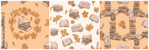 Folk set of 3 school book autumn patterns. Books and yellow leaves collection for library, bookstore, study room wallpaper design. Boho style design for back to school party