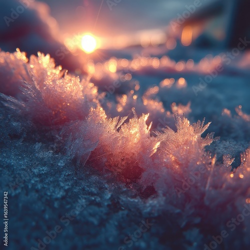 Icy Pink And Cream Frost Crystals At Sunset