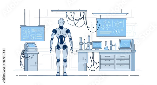Robot in Modern Science Lab AI Research Technology Illustration.