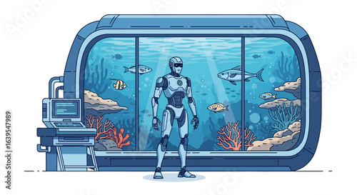 Robot Observing Underwater Scene in Futuristic Aquarium.