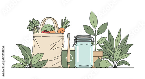 Sustainable Lifestyle Illustration with Reusable Bag Glass Jar and Bamboo Toothbrush.
