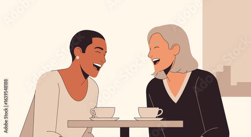 Two Friends Laughing Over Coffee.
