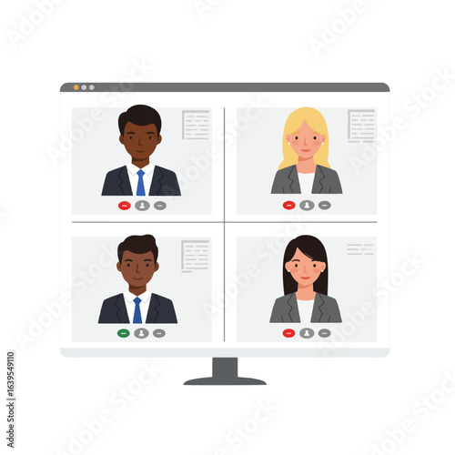 Diverse professionals participate in a virtual meeting via video conferencing on a computer screen.
