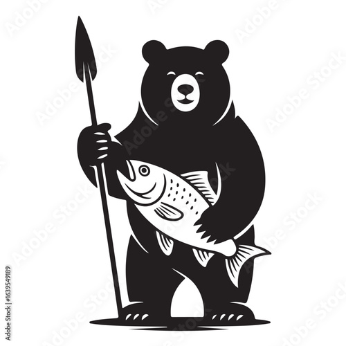 Bear holding fish and spear icon illustration