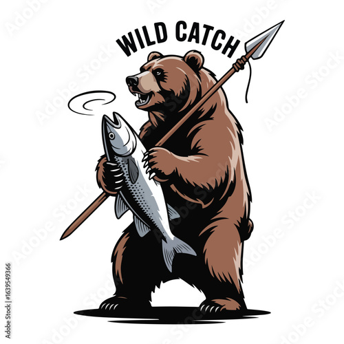 Bear with fish and spear wild catch illustration