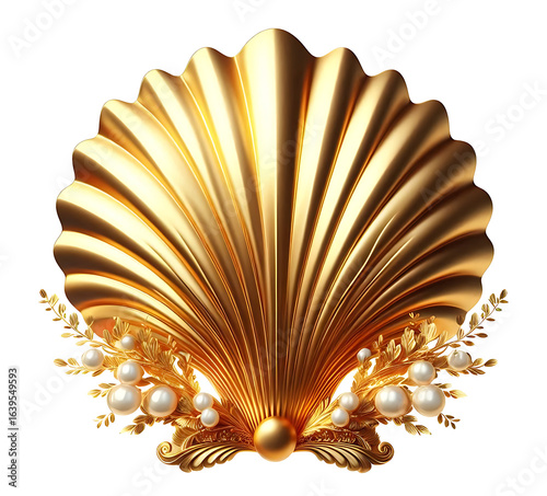 Scallop of gold with shining pearls, isolated on white background
