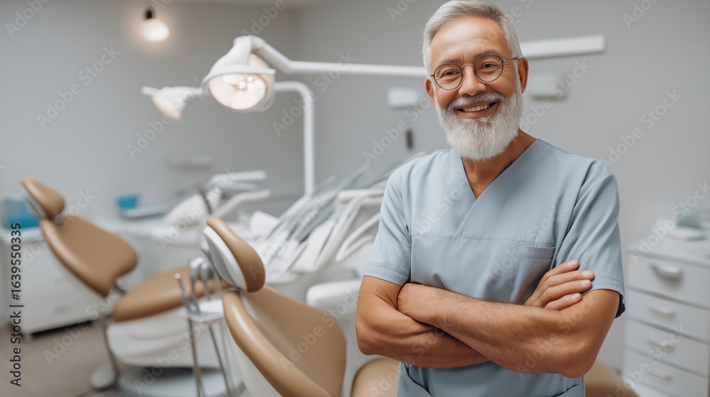 Fototapeta premium Confident older adult male dentist stands proudly in modern dental clinic during afternoon