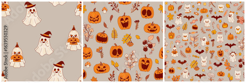 A collection of three festive Halloween patterns in a cute cartoon style and an autumnal orange-gray color palette. Pumpkins, ghosts, botany, leaves, and sweets.
