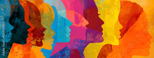 Abstract illustration of diverse people's profiles in vibrant colors.