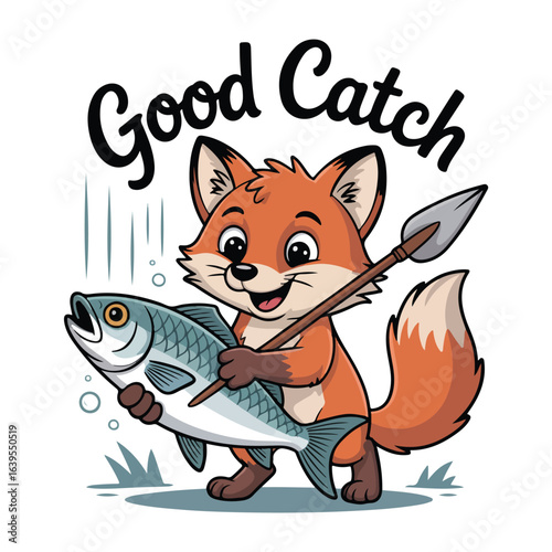 Cartoon fox with a fish good catch illustration