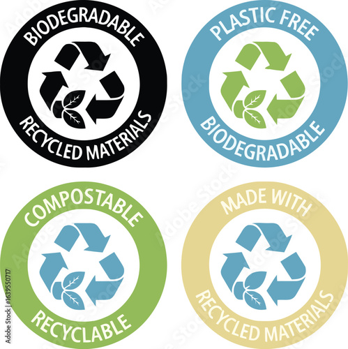 Eco friendly labels biodegradable plastic free compostable recyclable symbols