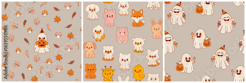 A collection of three festive Halloween patterns in a cute cartoon style and an autumnal orange-gray color palette. Pumpkins, ghosts, botany, leaves, and sweets.
