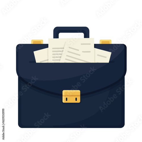 A dark blue briefcase overflowing with important documents, ready for work.
