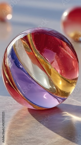 Red Gold Purple Swirled Glass Marble on Sandy Surface