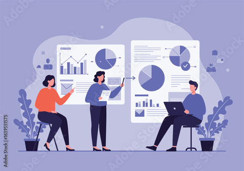 A professional strategy builder presenting data analytics and business intelligence to a team during a corporate meeting with charts