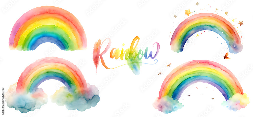Obraz premium Watercolor Rainbow Collection with Clouds and Stars