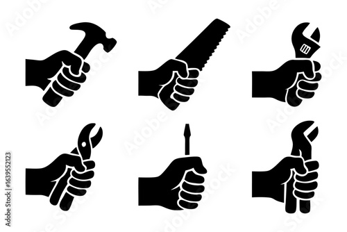 Hand tools icon set, worker silhouette, construction repair, manual labor.Vector