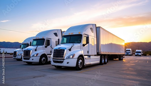 Fleet of white trucks parked at sunset with scenic mountains in background