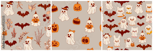 A collection of three festive Halloween patterns in a cute cartoon style and an autumnal orange-gray color palette. Pumpkins, ghosts, botany, leaves, and sweets.
