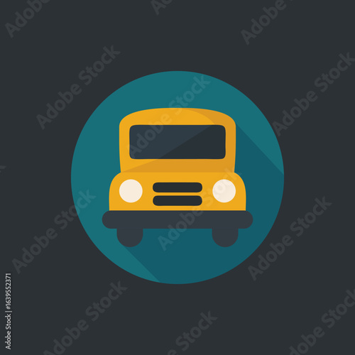Flat Design Yellow School Bus Icon in Round Shape Vector
