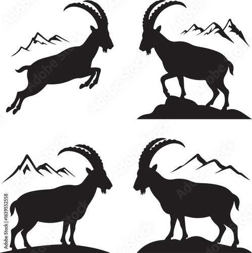 Four Black Ibex Silhouettes with Mountains in the Background on White goat mountain goat