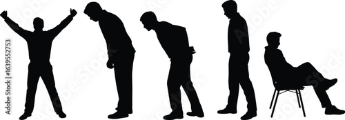 Silhouette of man showing emotional stages, mental health awareness, stress to calm transition, depression recovery, posture change, isolated figures, emotions