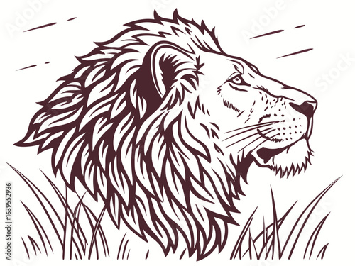 Majestic Lion Profile, Vintage Style, Wildlife Art, A detailed, vintage-style line drawing of a lion's head in profile view.