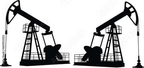Silhouette of oil pump jacks, petroleum industry machinery, crude extraction equipment, energy production, fossil fuel, industrial power, oil field scene
