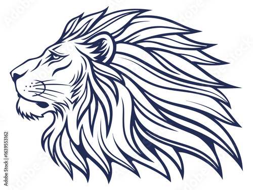 Majestic Lion Head Profile, Vector Graphic Design ,  This striking black and white vector graphic portrays a lion's head in profile view.